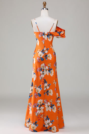 Mermaid Printed Orange Flower Bridesmaid Dress